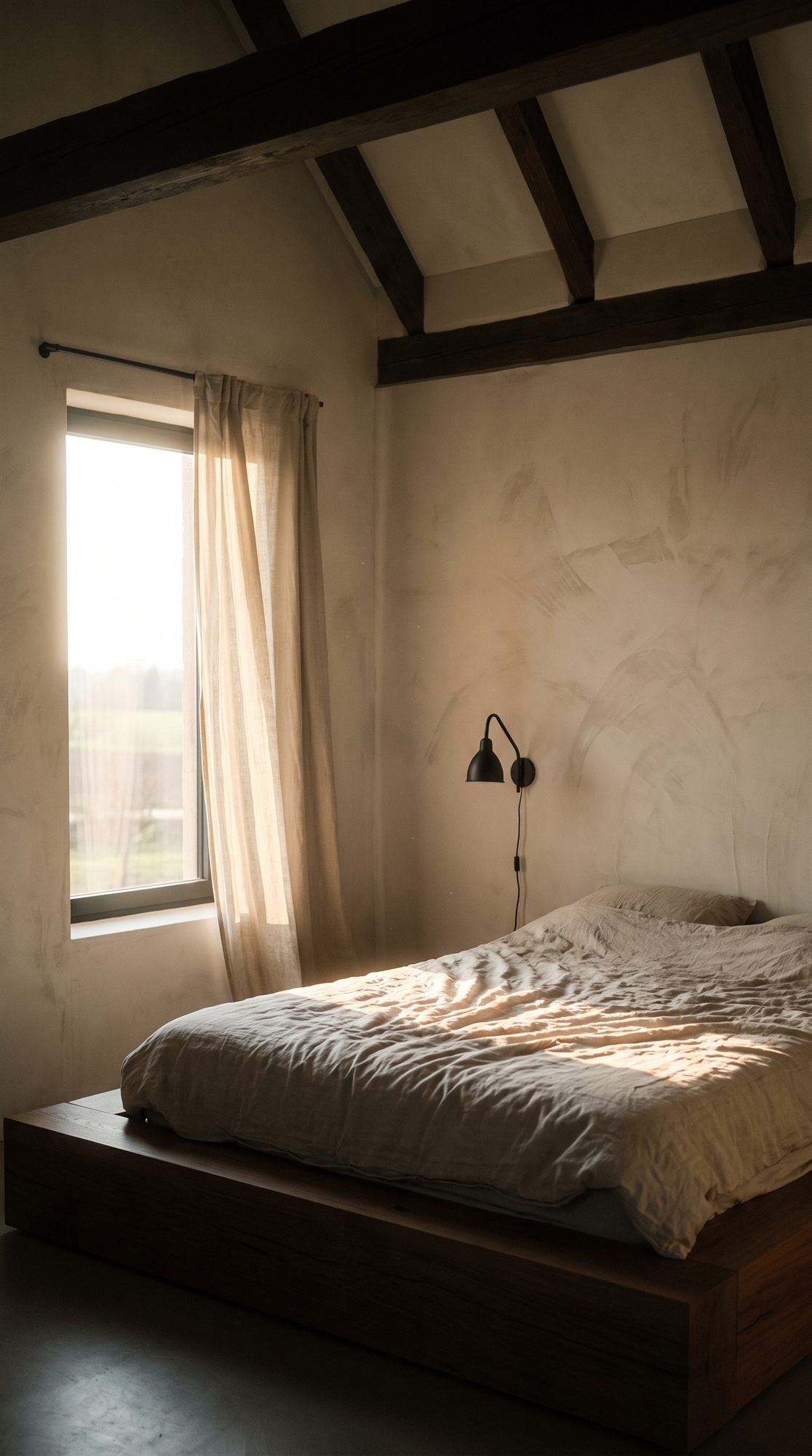Chambre sous charpente, lumière du matin à travers un rideau de lin