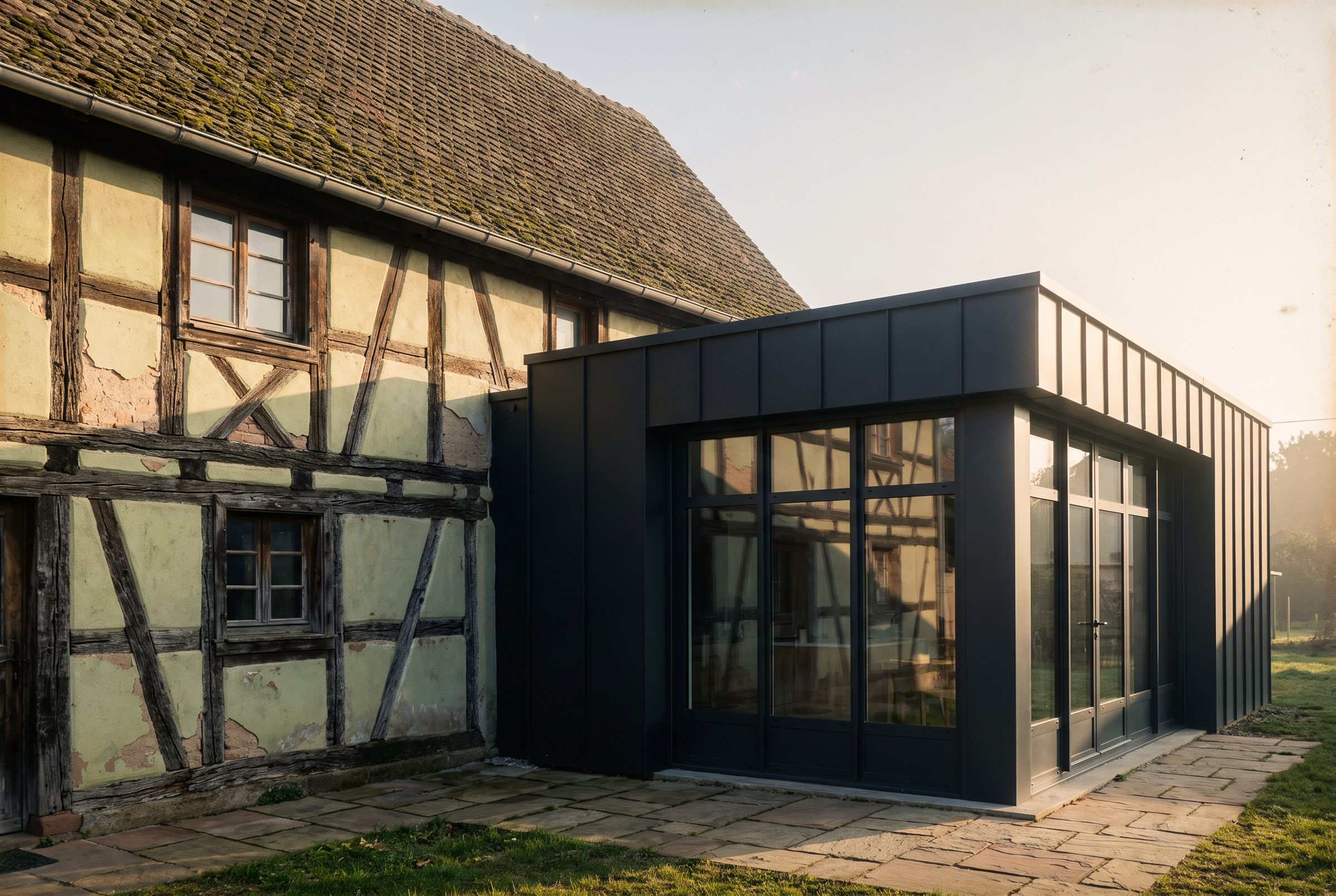 Extension contemporaine en zinc noir greffée sur une maison à colombages