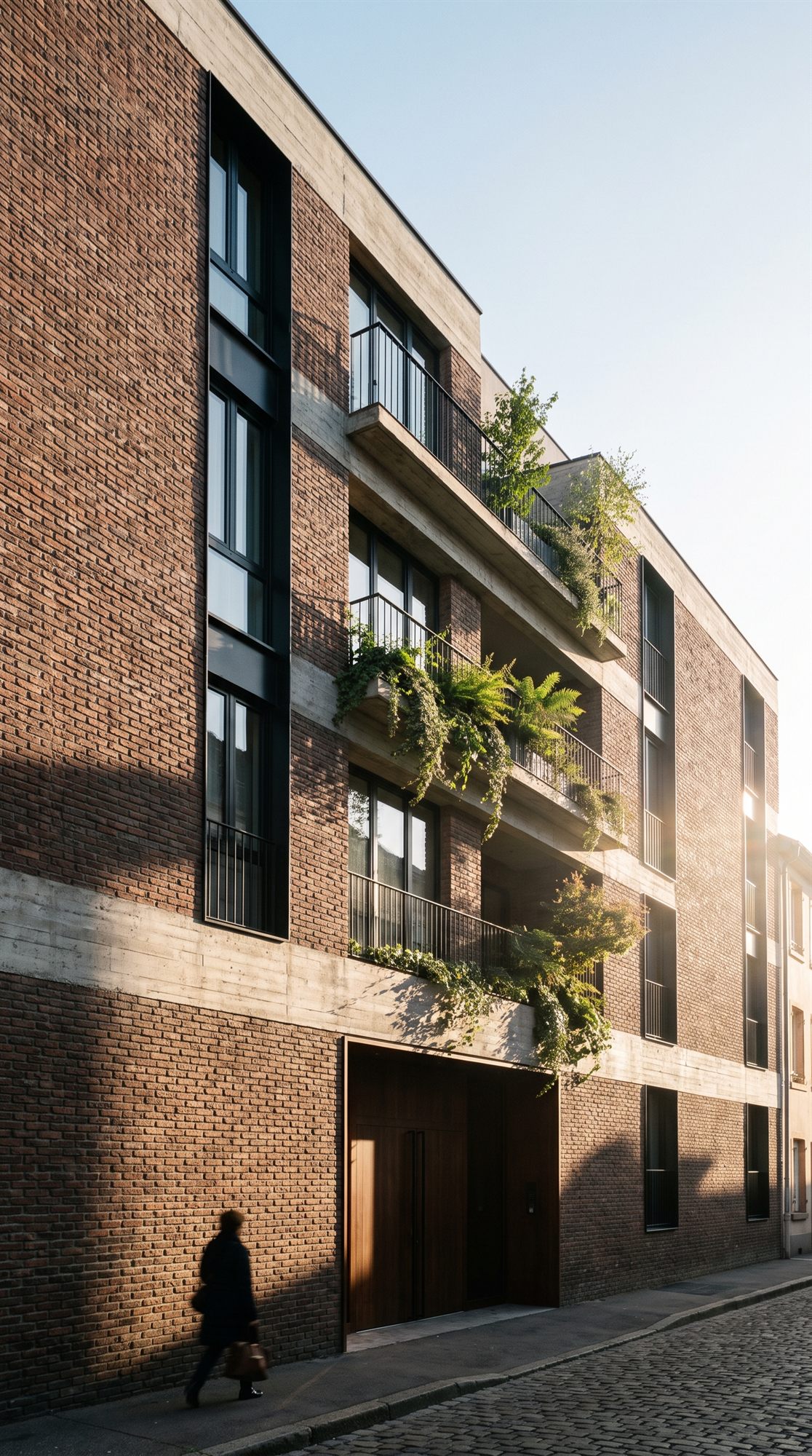 Immeuble de logements contemporain en brique, balcons plantés, Mulhouse