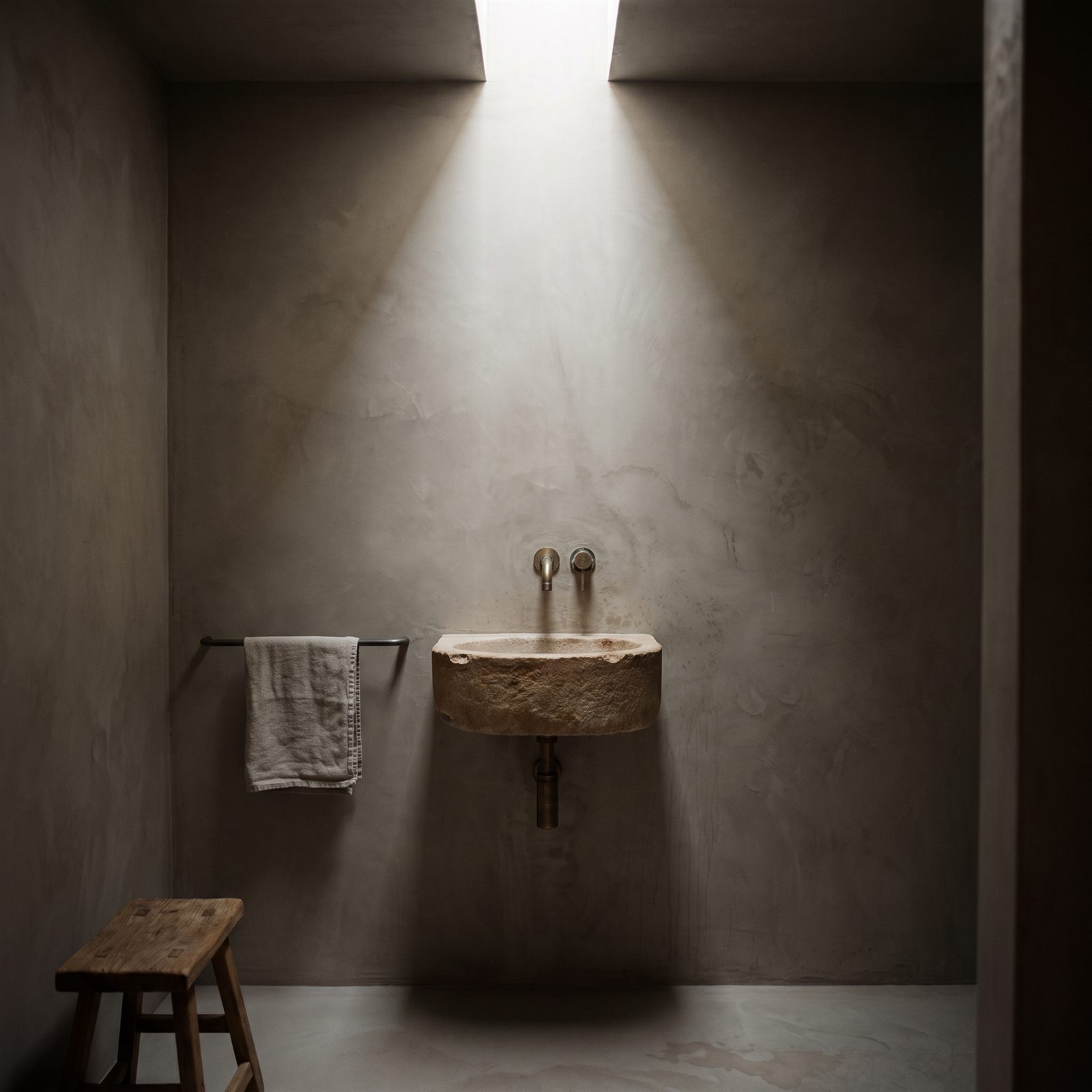Salle d'eau minérale, vasque en pierre sous un puits de lumière