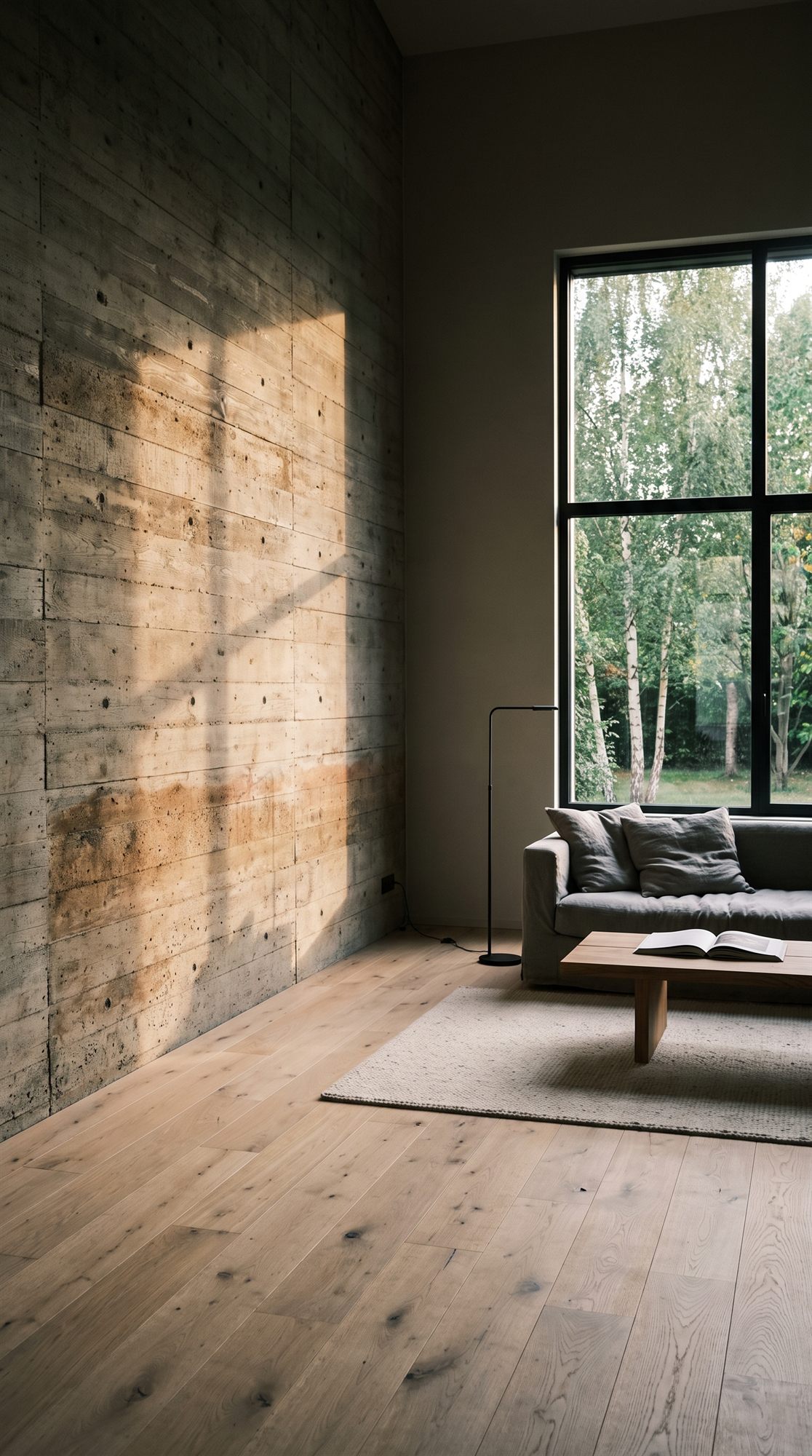 Séjour double hauteur, mur en béton banché et parquet en chêne